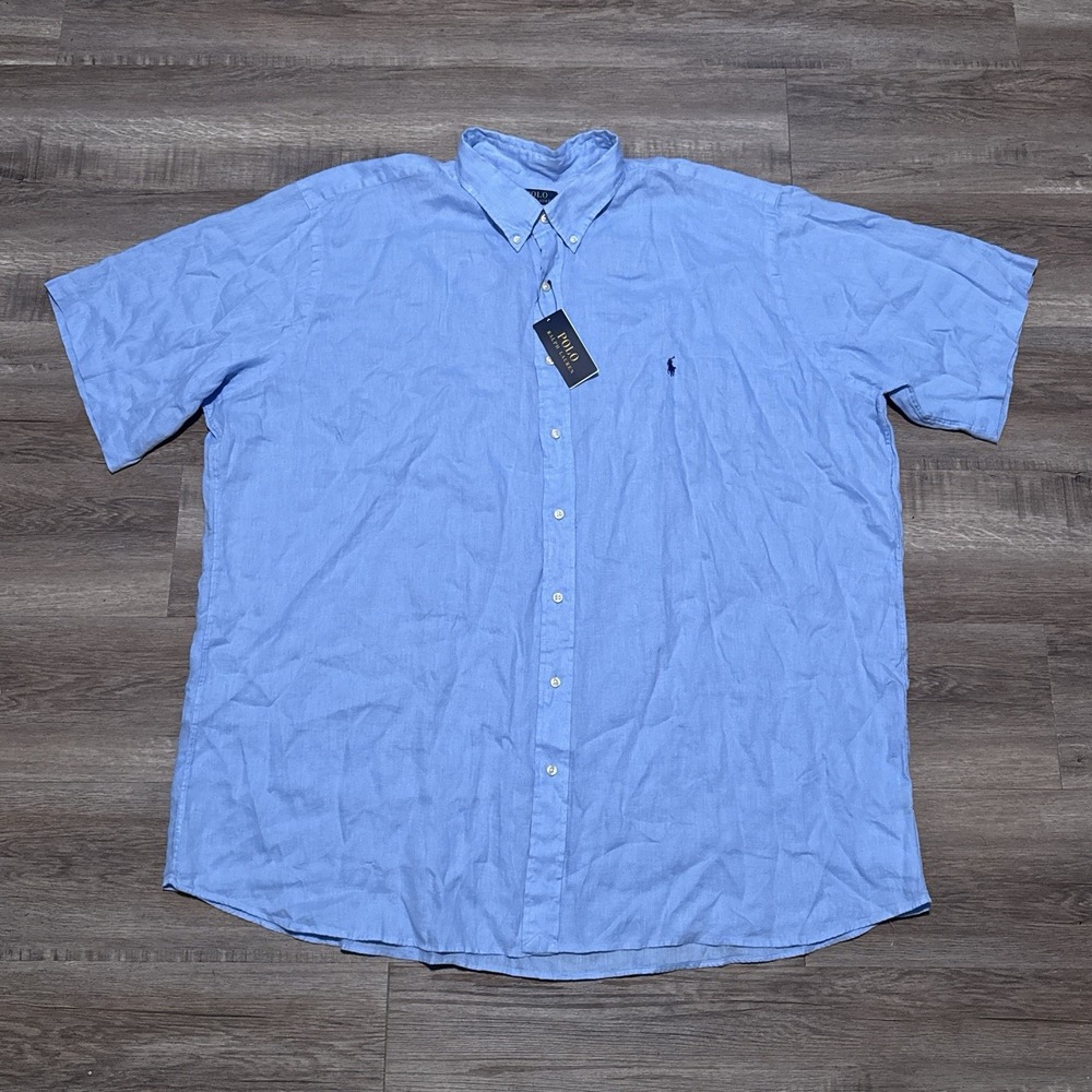 Polo Ralph Lauren 100% Linen Blue Short Sleeve Shirt Men's Size 3XLT 3XL TALL